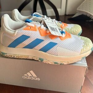 sole match adidas sneakers Men's White and Blue Sneakers with Orange Highlights